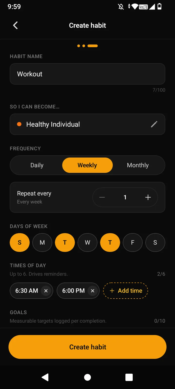 Habit creation with scheduling options