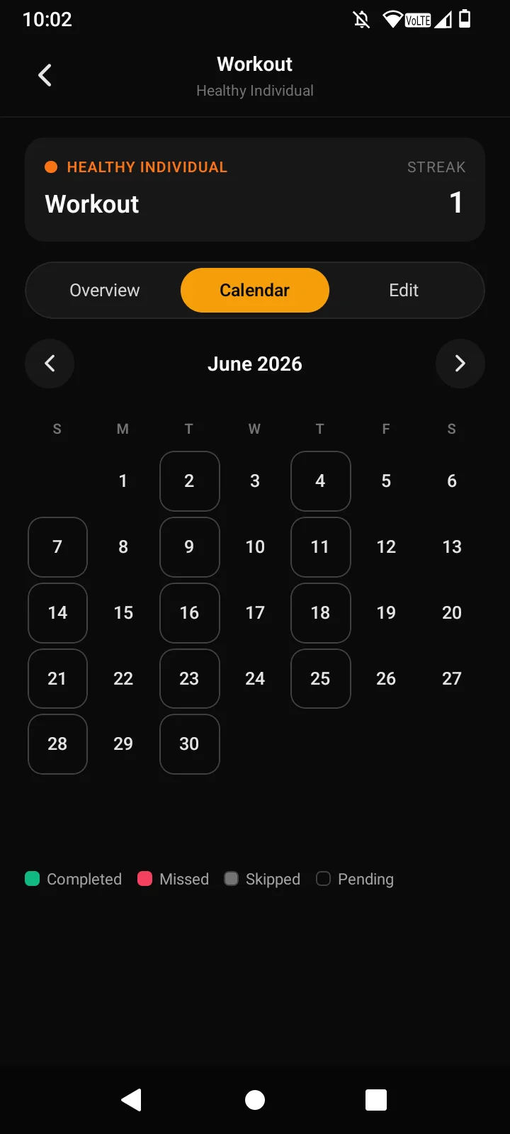 Calendar view of habit progress